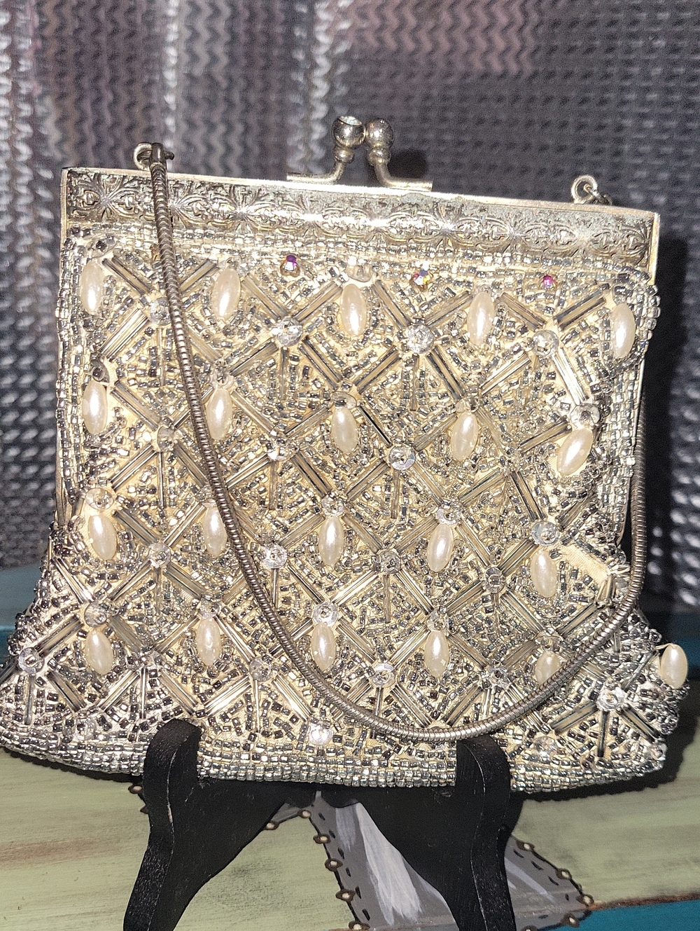 Vintage Beaded / Faux Cream Seed Pearl Formal Woman's Clutch Purse